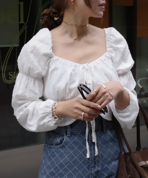 HEILIS(ヘイリス)の「《hideka select》コットン刺繍リボン長袖ブラウス / ボレロ 刺繍ブラウス ショート丈 クロップド丈 アイボリー ホワイト コンパクト(シャツ/ブラウス・レディース・アイボリー・FREE)」の2枚目の写真