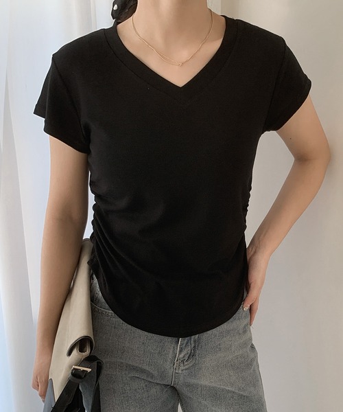 LOWO(ロワ)の「サイドギャザーVネック半袖Tシャツ カットソー(Tシャツ/カットソー・レディース・ベージュ/グレー/ホワイト/ブラック/イエロー/ピンク/モカ・FREE)」の10枚目の写真