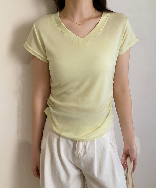 LOWO(ロワ)の「サイドギャザーVネック半袖Tシャツ カットソー(Tシャツ/カットソー・レディース・ベージュ/グレー/ホワイト/ブラック/イエロー/ピンク/モカ・FREE)」の15枚目の写真