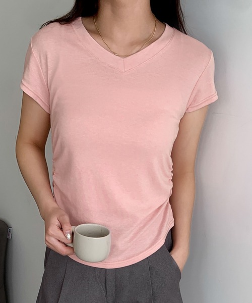 LOWO(ロワ)の「サイドギャザーVネック半袖Tシャツ カットソー(Tシャツ/カットソー・レディース・ベージュ/グレー/ホワイト/ブラック/イエロー/ピンク/モカ・FREE)」の17枚目の写真