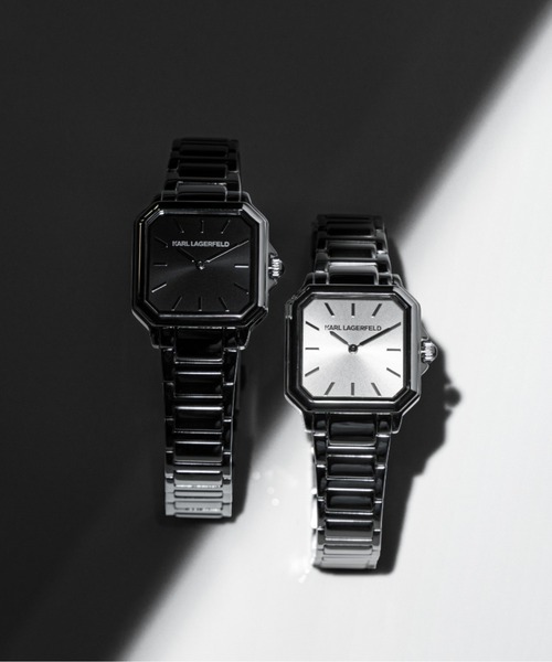 KARL LAGERFELD（カールラガーフェルド）の「「KARL LAGERFELD/カール・ラガーフェルド」スクエア クラシック - サンレイ ダイヤル シルバー ブレスレット（アナログ腕時計・レディース・シルバー/シルバー×ブラック・FREE）」の7枚目の写真
