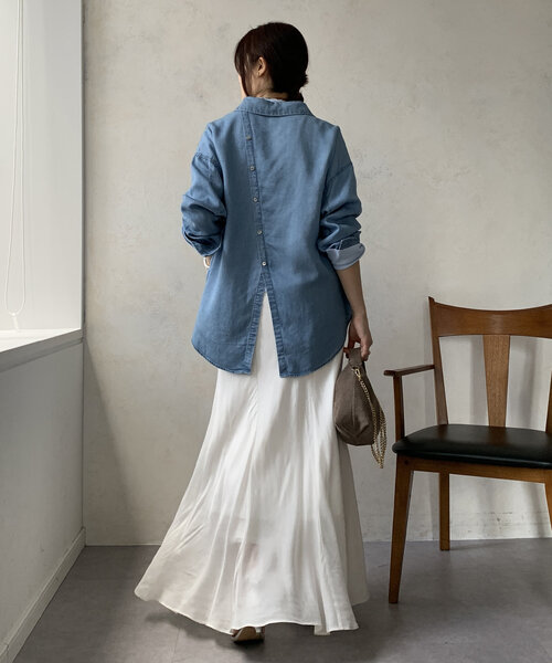 新品未使用 シニカル テンセル デニムシャツ ブラウス 切り替え シアー