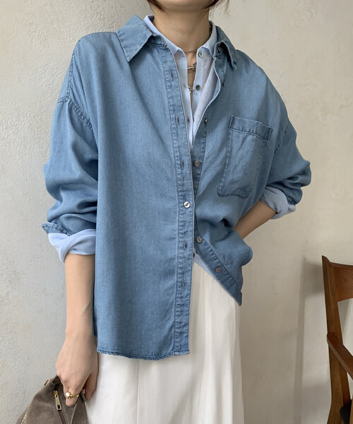DouDou（ドゥドゥ）の「【新色追加/WEB限定】バックボタンリヨセルデニムシャツ（シャツ/ブラウス・レディース・ブルー系その他/インディゴブルー/ブラック・FREE）」の16枚目の写真