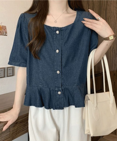 BLANC FICELLE(ブランフィセル)の「デニム 半袖 シャツ(シャツ/ブラウス・レディース・インディゴブルー・S/M/L/XL)」の1枚目の写真