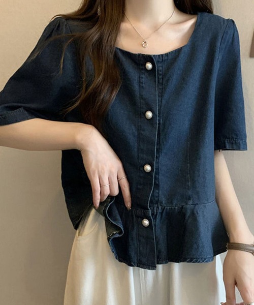 BLANC FICELLE(ブランフィセル)の「デニム 半袖 シャツ(シャツ/ブラウス・レディース・インディゴブルー・S/M/L/XL)」の3枚目の写真