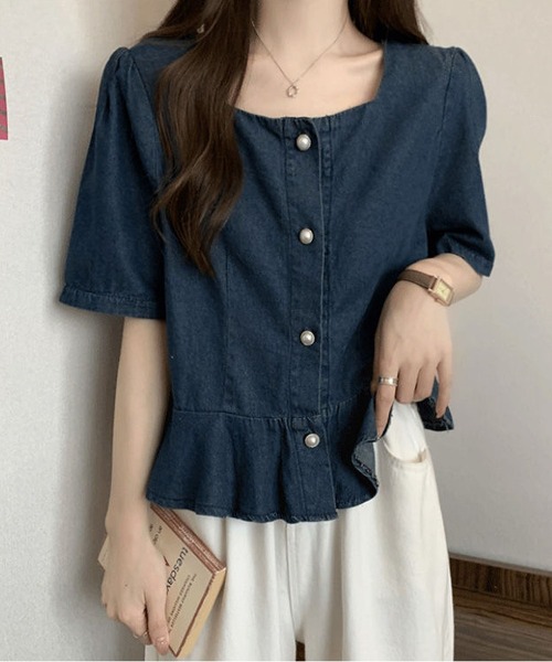 BLANC FICELLE(ブランフィセル)の「デニム 半袖 シャツ(シャツ/ブラウス・レディース・インディゴブルー・S/M/L/XL)」の6枚目の写真