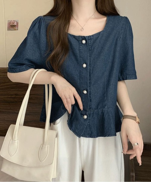 BLANC FICELLE(ブランフィセル)の「デニム 半袖 シャツ(シャツ/ブラウス・レディース・インディゴブルー・S/M/L/XL)」の7枚目の写真