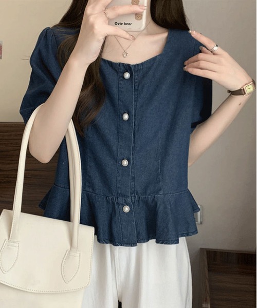BLANC FICELLE(ブランフィセル)の「デニム 半袖 シャツ(シャツ/ブラウス・レディース・インディゴブルー・S/M/L/XL)」の8枚目の写真