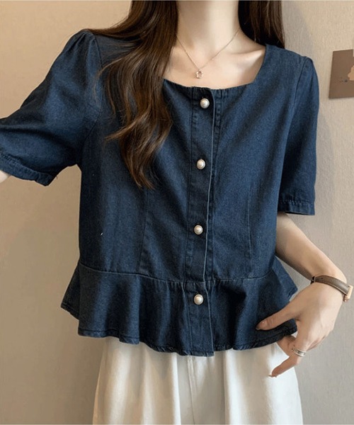 BLANC FICELLE(ブランフィセル)の「デニム 半袖 シャツ(シャツ/ブラウス・レディース・インディゴブルー・S/M/L/XL)」の4枚目の写真