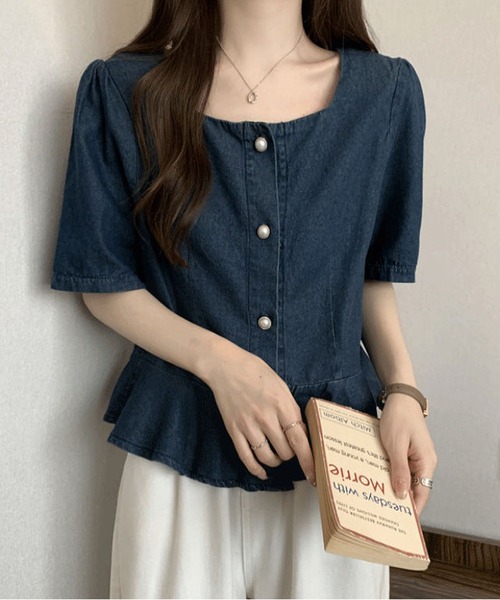 BLANC FICELLE(ブランフィセル)の「デニム 半袖 シャツ(シャツ/ブラウス・レディース・インディゴブルー・S/M/L/XL)」の10枚目の写真