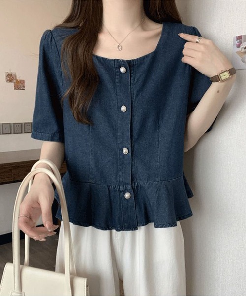 BLANC FICELLE(ブランフィセル)の「デニム 半袖 シャツ(シャツ/ブラウス・レディース・インディゴブルー・S/M/L/XL)」の11枚目の写真