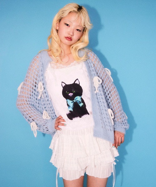 Candy Stripper（キャンディストリッパー）の「RIBBON MESH KNIT カーディガン（カーディガン/ボレロ・レディース・ライトブルー/ブラック/イエロー・FREE）」の6枚目の写真