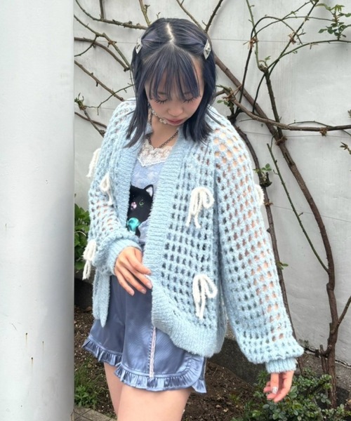 【candy..★】カーディガン、ライトブルー、ページ2枚まとめ セール】RIBBON MESH KNIT カーディガン（カーディガン/ボレロ