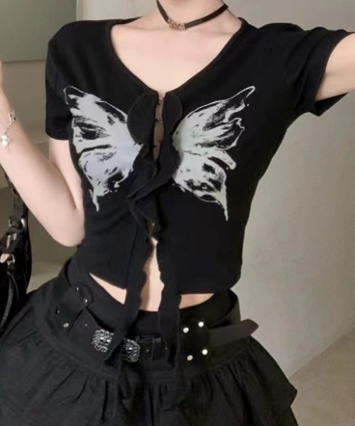 lilful(リルフル)の「バタフライモチーフ デザインコンパクトTシャツ(Tシャツ/カットソー・レディース・ホワイト/ブラック・F)」の9枚目の写真
