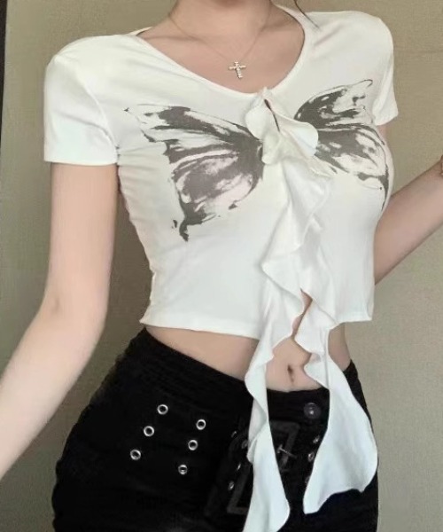 lilful(リルフル)の「バタフライモチーフ デザインコンパクトTシャツ(Tシャツ/カットソー・レディース・ホワイト/ブラック・F)」の5枚目の写真