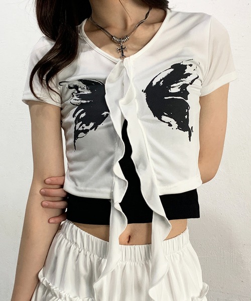 lilful(リルフル)の「バタフライモチーフ デザインコンパクトTシャツ(Tシャツ/カットソー・レディース・ホワイト/ブラック・F)」の12枚目の写真