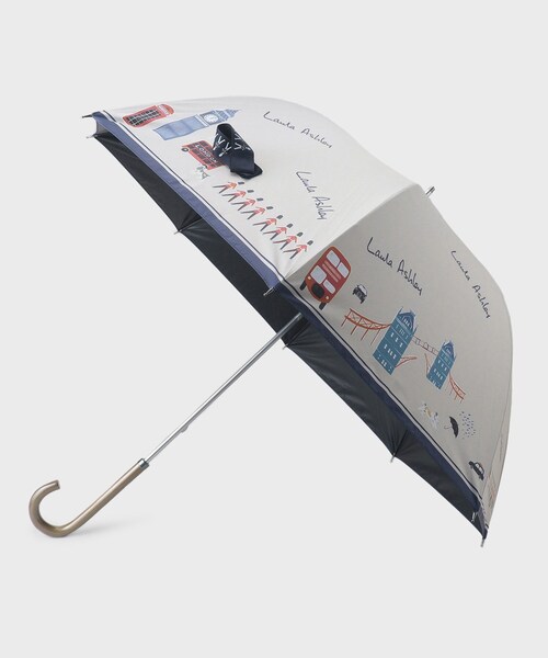 【美品】ローラアシュレイ・晴雨兼用長傘 UVカット/遮熱効果/晴雨兼用】ロンドン柄 折りたたみ傘