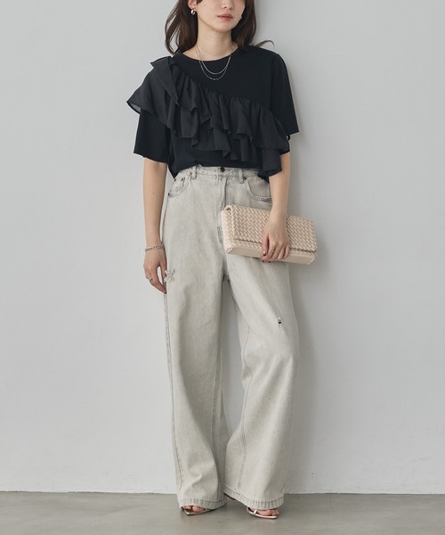 hunch(ハンチ)の「ダメージデニム ゆるストレートパンツ(デニムパンツ・レディース・ブラック/ライトグレー/ライトインディゴブルー/ワンウォッシュ/ブルー系その他・FREE)」の20枚目の写真
