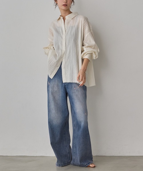 hunch(ハンチ)の「ダメージデニム ゆるストレートパンツ(デニムパンツ・レディース・ブラック/ライトグレー/ライトインディゴブルー/ワンウォッシュ/ブルー系その他・FREE)」の22枚目の写真