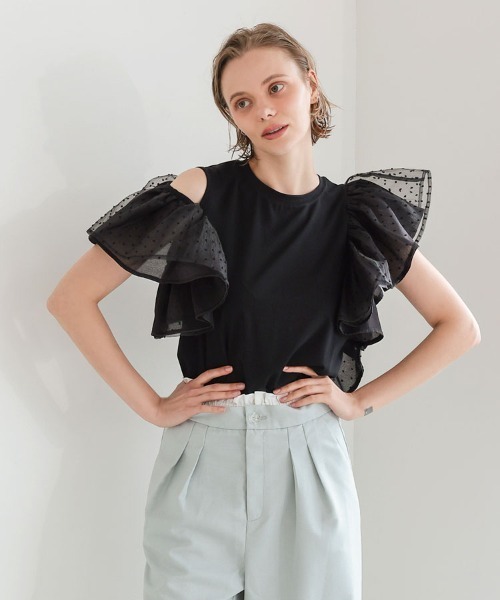 DONOBAN（ドノバン）の「ドットフリルショルダーTee（Tシャツ/カットソー・レディース・ホワイト/ブラック・ONE）」の18枚目の写真