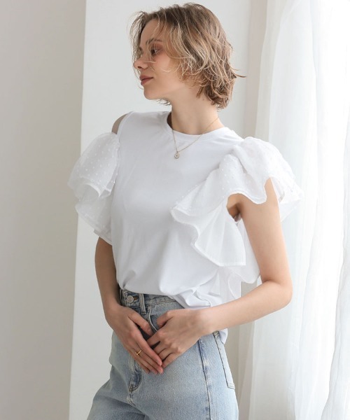 DONOBAN（ドノバン）の「ドットフリルショルダーTee（Tシャツ/カットソー・レディース・ホワイト/ブラック・ONE）」の3枚目の写真