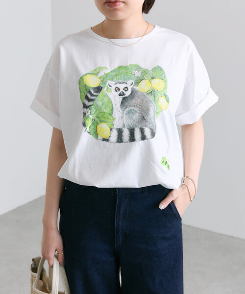 ear PAPILLONNER（イアパピヨネ）の「sampo×ear ワオキツネザル/刺しゅうTシャツ（Tシャツ/カットソー・レディース・ホワイト・FREE）」の10枚目の写真