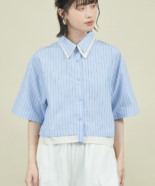 Settimissimo（セッティミッシモ）の「ストライプ 配色 ダブル襟 半袖シャツ（シャツ/ブラウス・レディース・ブルー/オフホワイト・FREE）」の2枚目の写真