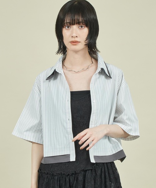 Settimissimo（セッティミッシモ）の「ストライプ 配色 ダブル襟 半袖シャツ（シャツ/ブラウス・レディース・ブルー/オフホワイト・FREE）」の5枚目の写真