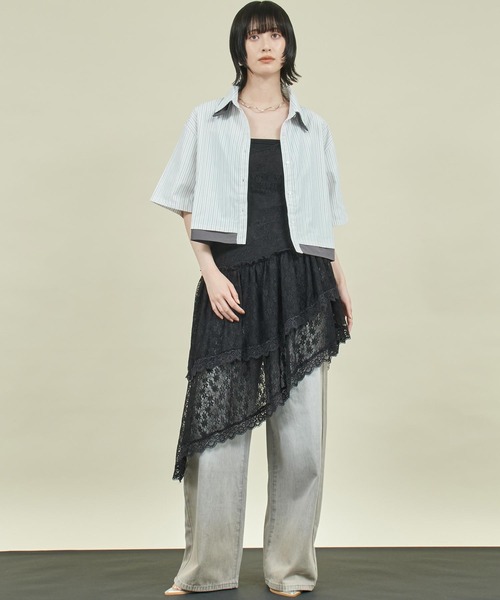 Settimissimo（セッティミッシモ）の「ストライプ 配色 ダブル襟 半袖シャツ（シャツ/ブラウス・レディース・ブルー/オフホワイト・FREE）」の8枚目の写真