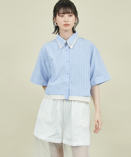 Settimissimo（セッティミッシモ）の「ストライプ 配色 ダブル襟 半袖シャツ（シャツ/ブラウス・レディース・ブルー/オフホワイト・FREE）」の12枚目の写真