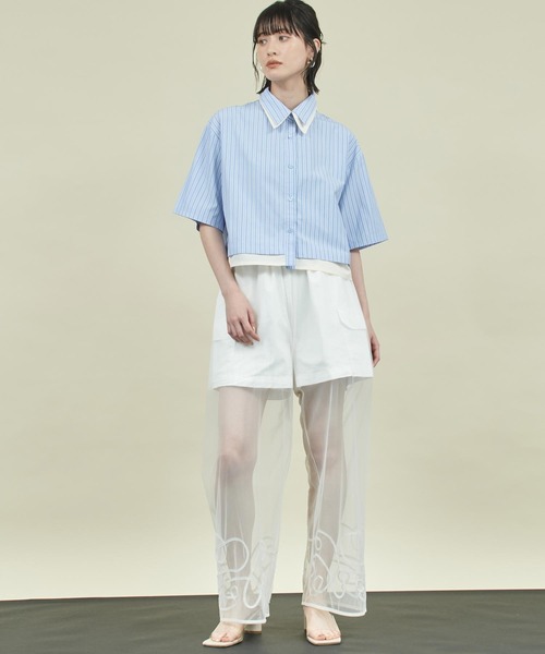 Settimissimo（セッティミッシモ）の「ストライプ 配色 ダブル襟 半袖シャツ（シャツ/ブラウス・レディース・ブルー/オフホワイト・FREE）」の14枚目の写真