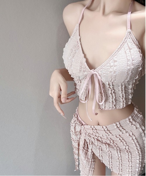 FREE STYLISTS（フリー スタイリスト）の「Y2K 腰巻スカートレースシャーリング 水着 [3点セット]（水着・レディース・ブルー/ブラック/ピンク・FREE）」の9枚目の写真