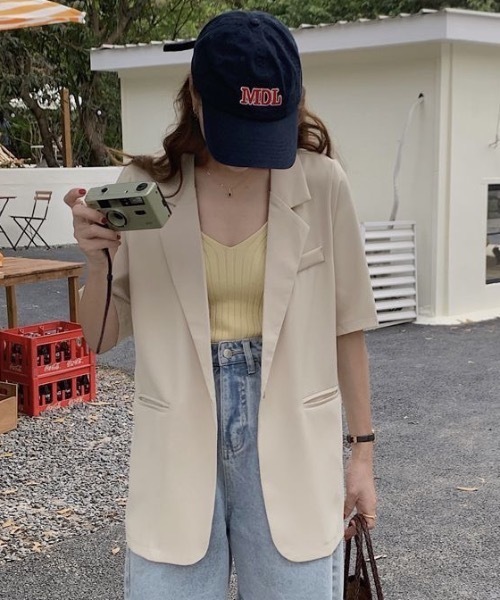 FUNdaysion(ファンデイション)の「半袖テーラードジャケット(Tシャツ/カットソー・レディース・ホワイト/アイボリー/ブラック・M)」の3枚目の写真