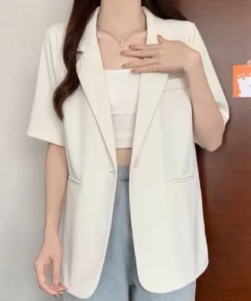 FUNdaysion(ファンデイション)の「半袖テーラードジャケット(Tシャツ/カットソー・レディース・ホワイト/アイボリー/ブラック・M)」の5枚目の写真