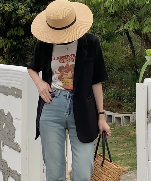 FUNdaysion(ファンデイション)の「半袖テーラードジャケット(Tシャツ/カットソー・レディース・ホワイト/アイボリー/ブラック・M)」の6枚目の写真