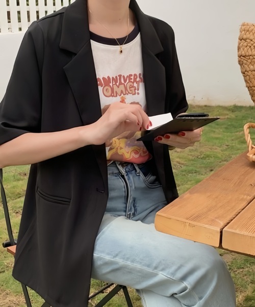 FUNdaysion(ファンデイション)の「半袖テーラードジャケット(Tシャツ/カットソー・レディース・ホワイト/アイボリー/ブラック・M)」の10枚目の写真