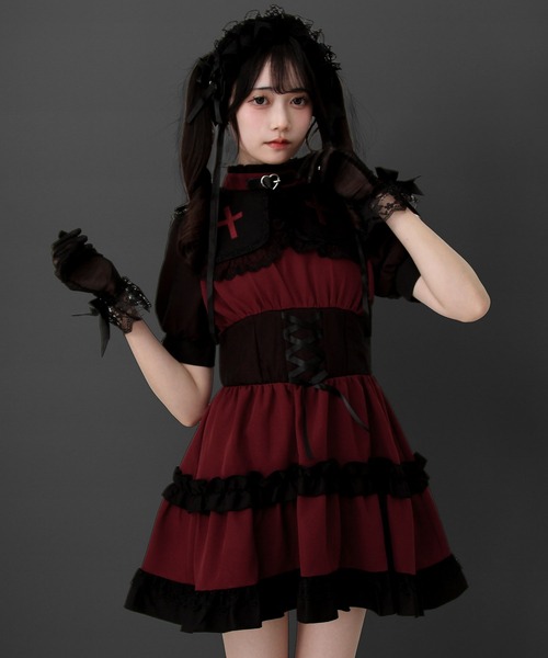 ゴシック十字架レースアップティアード風ワンピース（ワンピース