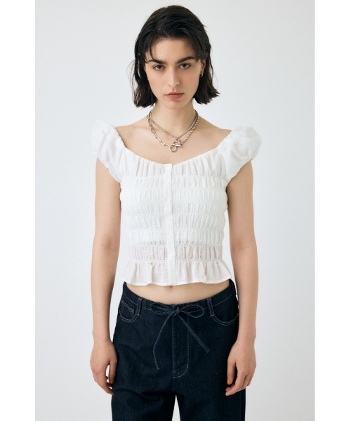 新品　MOUSSY GATHER FLOWER ブラウス ホワイト マウジー MOUSSY（マウジー）の「GATHER FLOWER ブラウス（シャツ