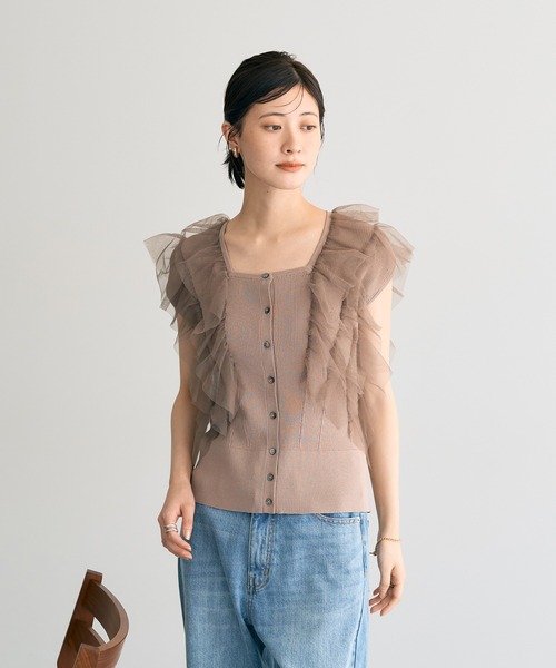 YECCA VECCA（イェッカヴェッカ）の「チュールラッフルノースリーブカーディガン（カーディガン/ボレロ・レディース・ブラック/ブラウン/ベージュ・FREE）」の5枚目の写真