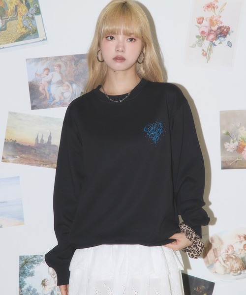 MSGirl(エムエスジーガール)の「ラインストーンハートステッチトレーナー(スウェット・レディース・ホワイト/ピンク/ブラック・M)」の2枚目の写真