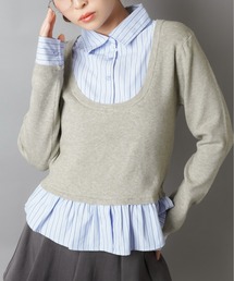 配色が可愛い★シャツ風ワンホン系ドッキングニット