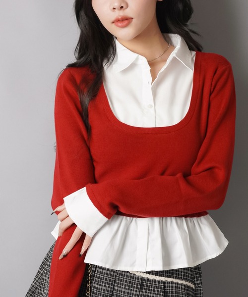 SPINNS（スピンズ）の「配色が可愛い★シャツ風ワンホン系ドッキングニット（ニット/セーター・レディース・ネイビー/アイボリー/ワイン/グレー・ONESIZE）」の4枚目の写真