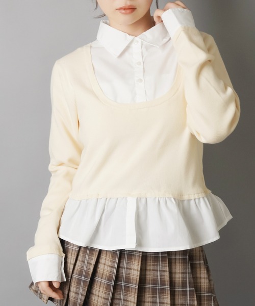 SPINNS（スピンズ）の「配色が可愛い★シャツ風ワンホン系ドッキングニット（ニット/セーター・レディース・ネイビー/アイボリー/ワイン/グレー・ONESIZE）」の2枚目の写真