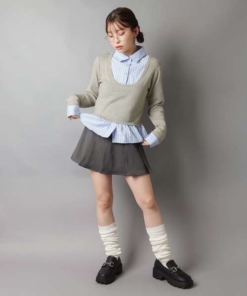 SPINNS（スピンズ）の「配色が可愛い★シャツ風ワンホン系ドッキングニット（ニット/セーター・レディース・ネイビー/アイボリー/ワイン/グレー・ONESIZE）」の11枚目の写真