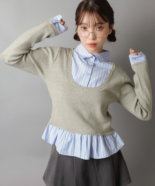 SPINNS（スピンズ）の「配色が可愛い★シャツ風ワンホン系ドッキングニット（ニット/セーター・レディース・ネイビー/アイボリー/ワイン/グレー・ONESIZE）」の10枚目の写真