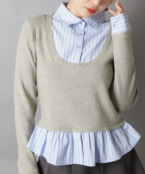 SPINNS（スピンズ）の「配色が可愛い★シャツ風ワンホン系ドッキングニット（ニット/セーター・レディース・ネイビー/アイボリー/ワイン/グレー・ONESIZE）」の6枚目の写真