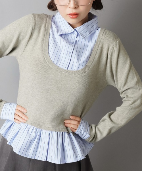 SPINNS（スピンズ）の「配色が可愛い★シャツ風ワンホン系ドッキングニット（ニット/セーター・レディース・ネイビー/アイボリー/ワイン/グレー・ONESIZE）」の7枚目の写真