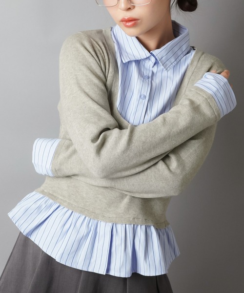 SPINNS（スピンズ）の「配色が可愛い★シャツ風ワンホン系ドッキングニット（ニット/セーター・レディース・ネイビー/アイボリー/ワイン/グレー・ONESIZE）」の8枚目の写真