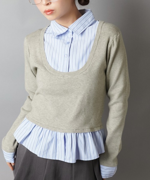 SPINNS（スピンズ）の「配色が可愛い★シャツ風ワンホン系ドッキングニット（ニット/セーター・レディース・ネイビー/アイボリー/ワイン/グレー・ONESIZE）」の9枚目の写真