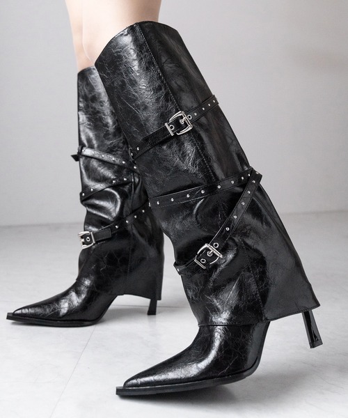 me+em select(ミームセレクト)の「ヴィンテージレザーベルテッドロングカバーブーツ /vintage leather belted long cover boots(ブーツ・レディース・ブラック・40/38/39/37)」の4枚目の写真